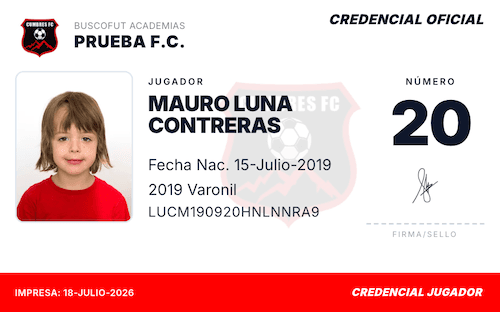 Credencial oficial de jugador con foto, número y firma